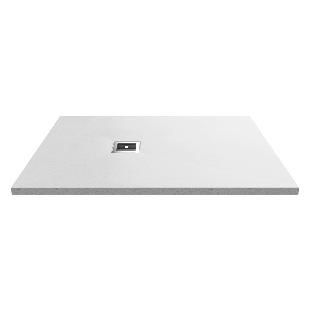 Modern white bathroom shower tray with central stainless steel drain, sleek and minimalist design, ideal for contemporary bathroom renovations.