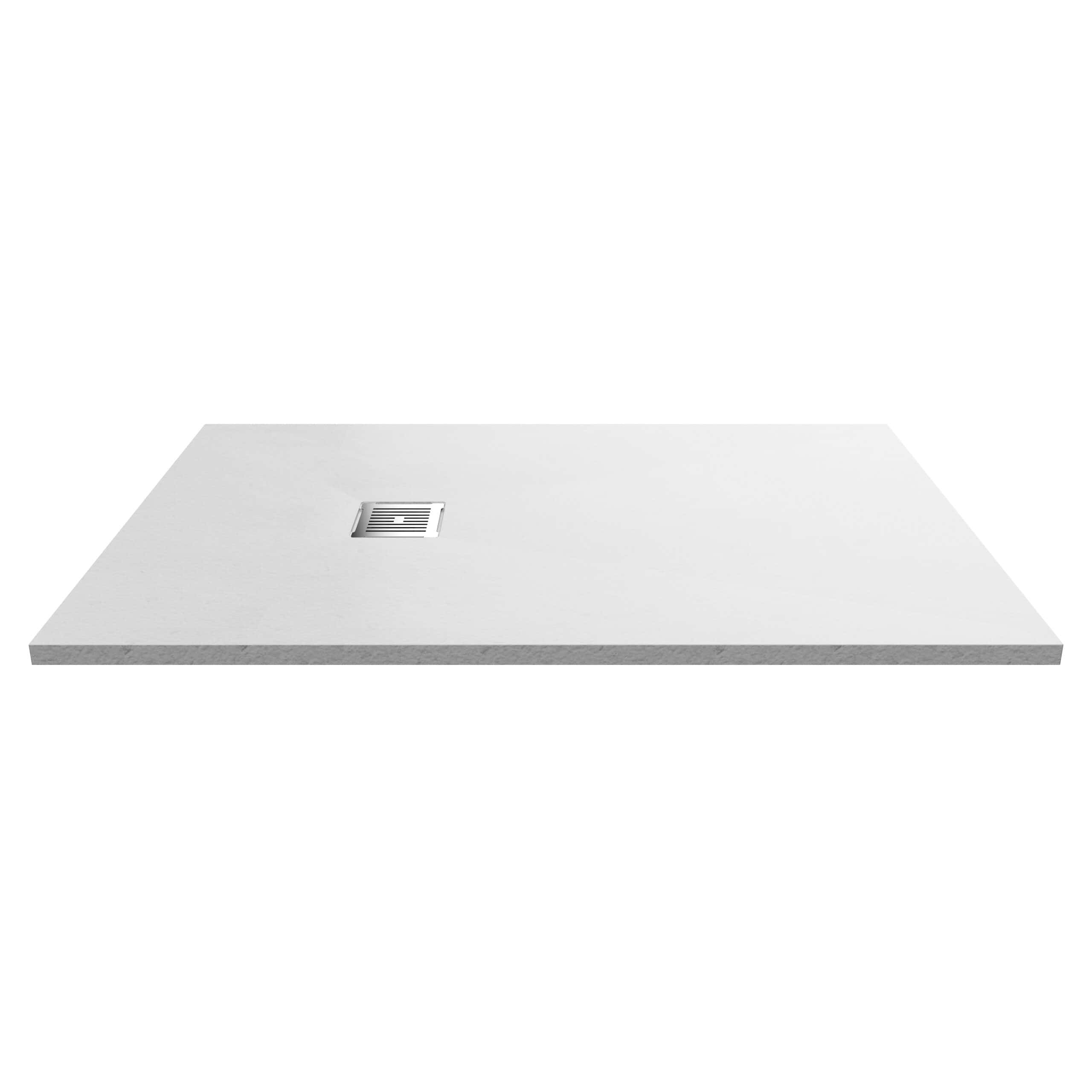 Sleek white shower tray with a modern square stainless steel drain, ideal for contemporary bathroom renovations and designs. Perfect for creating a stylish and functional shower space.