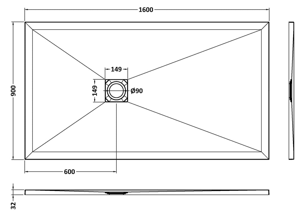 Sleek rectangular stone bathroom sink with dimensions 1600mm x 900mm, featuring a centrally located 90mm drain opening and clean, modern design.