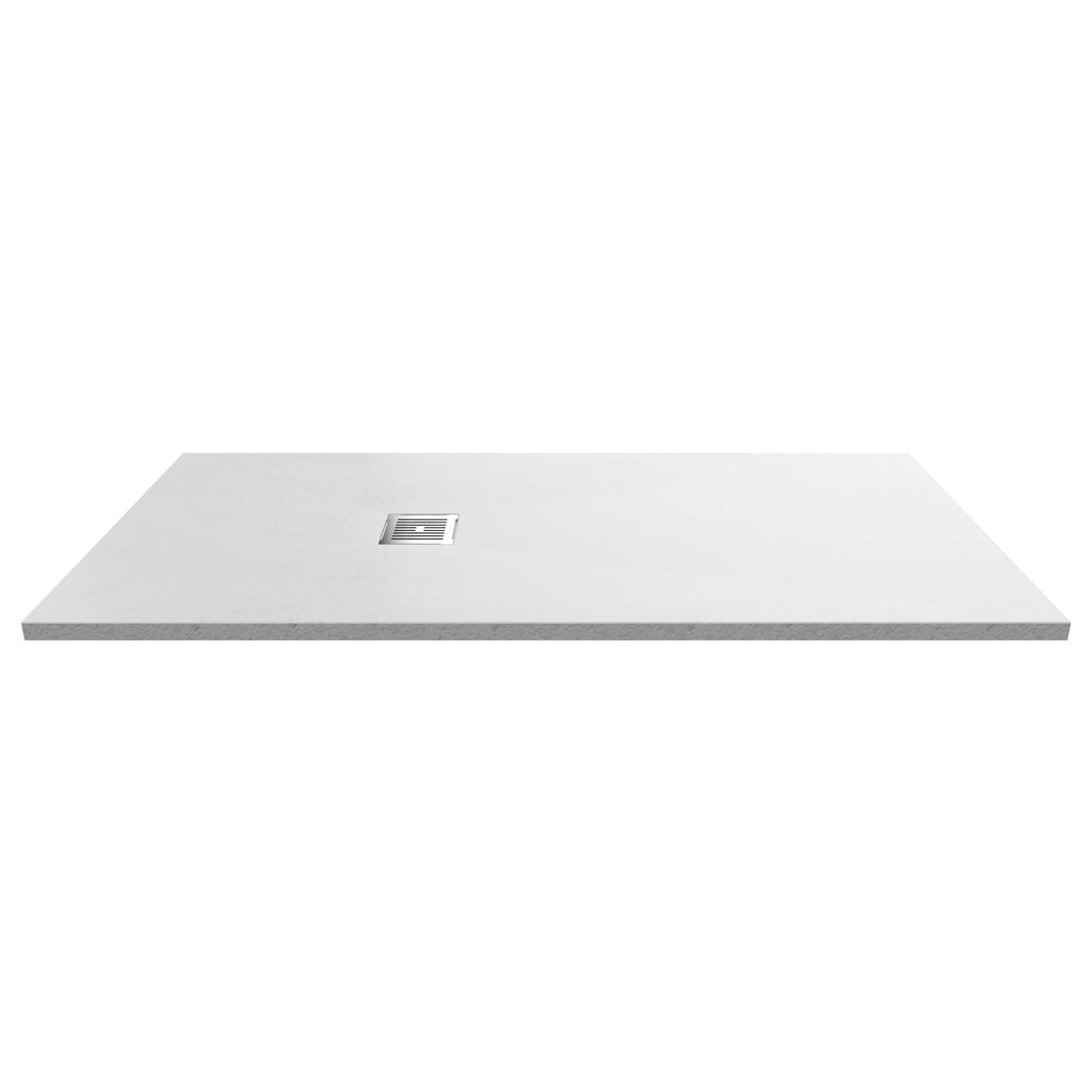 Floor mounted shower tray with a central drain, constructed from durable material for a modern bathroom; ideal for custom shower installation and waterproofing.