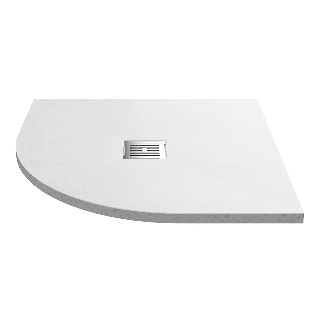 Light grey corner shower tray with central drain for modern bathroom installations.