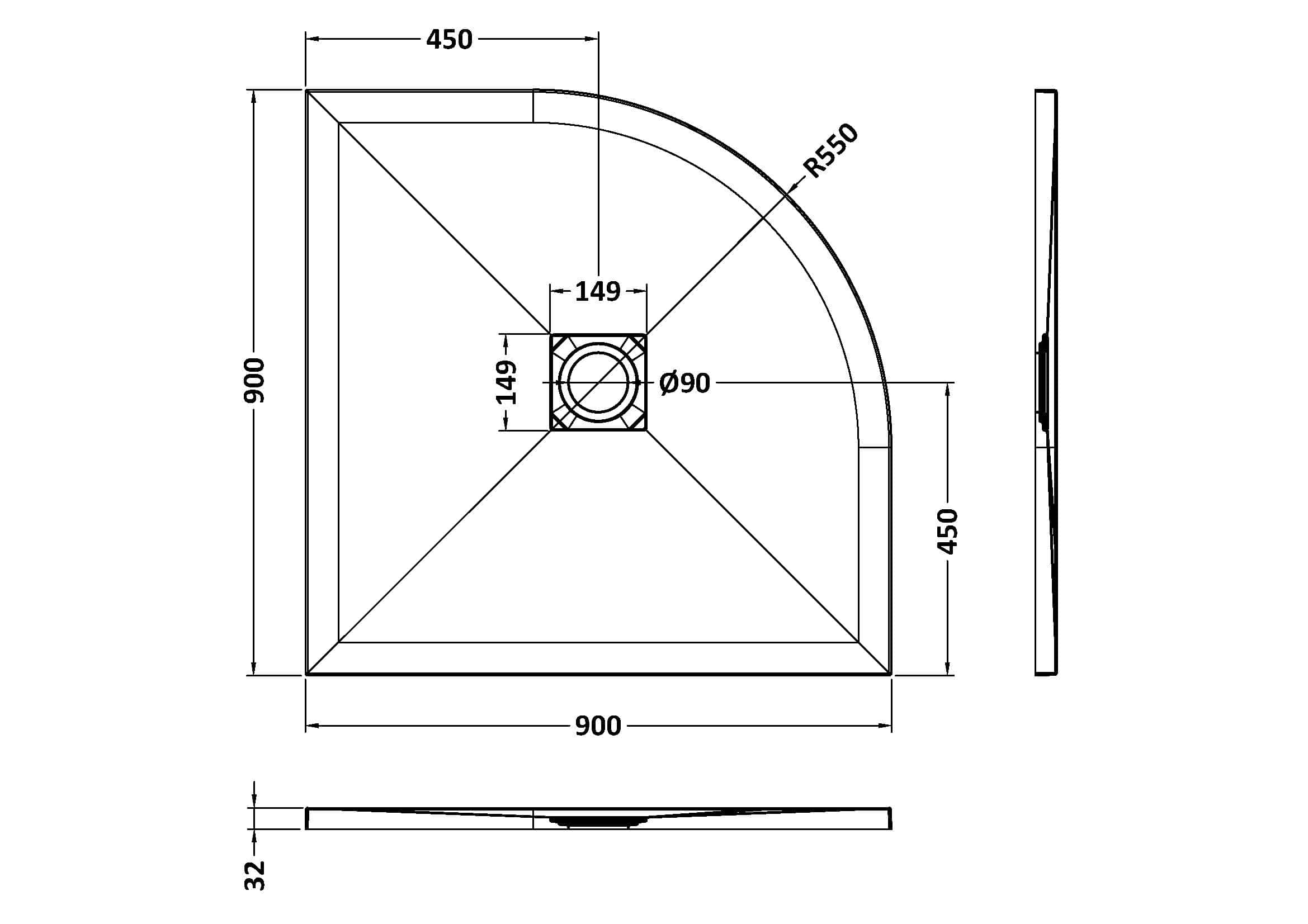 Curved shower enclosure with detailed technical drawing, dimensions, and measurements for modern bathroom design. Perfect for renovation and fitted shower installations.