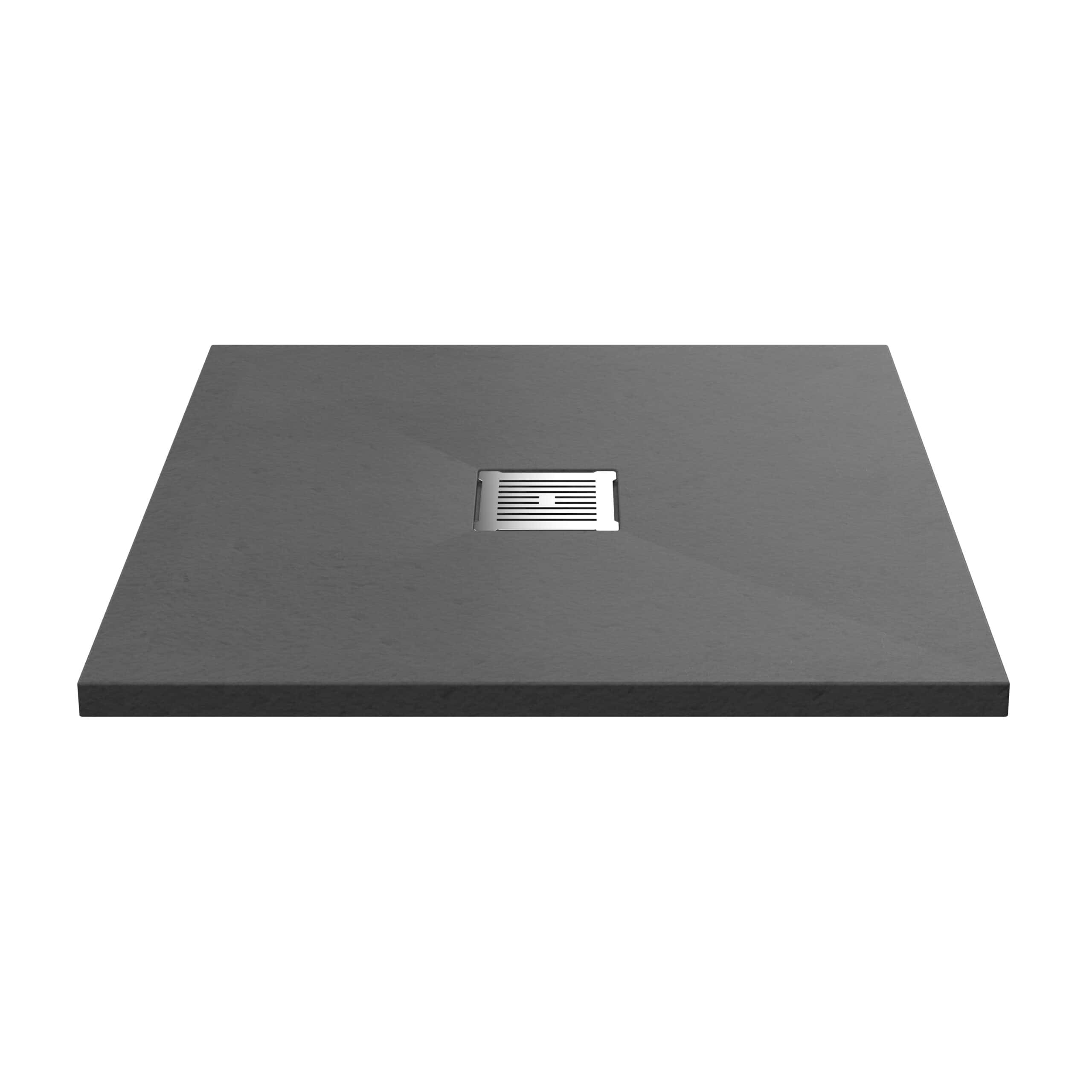 Black square shower tray with a central stainless steel drain, modern bathroom fixture for sleek and functional shower areas, ideal for contemporary bathroom designs.