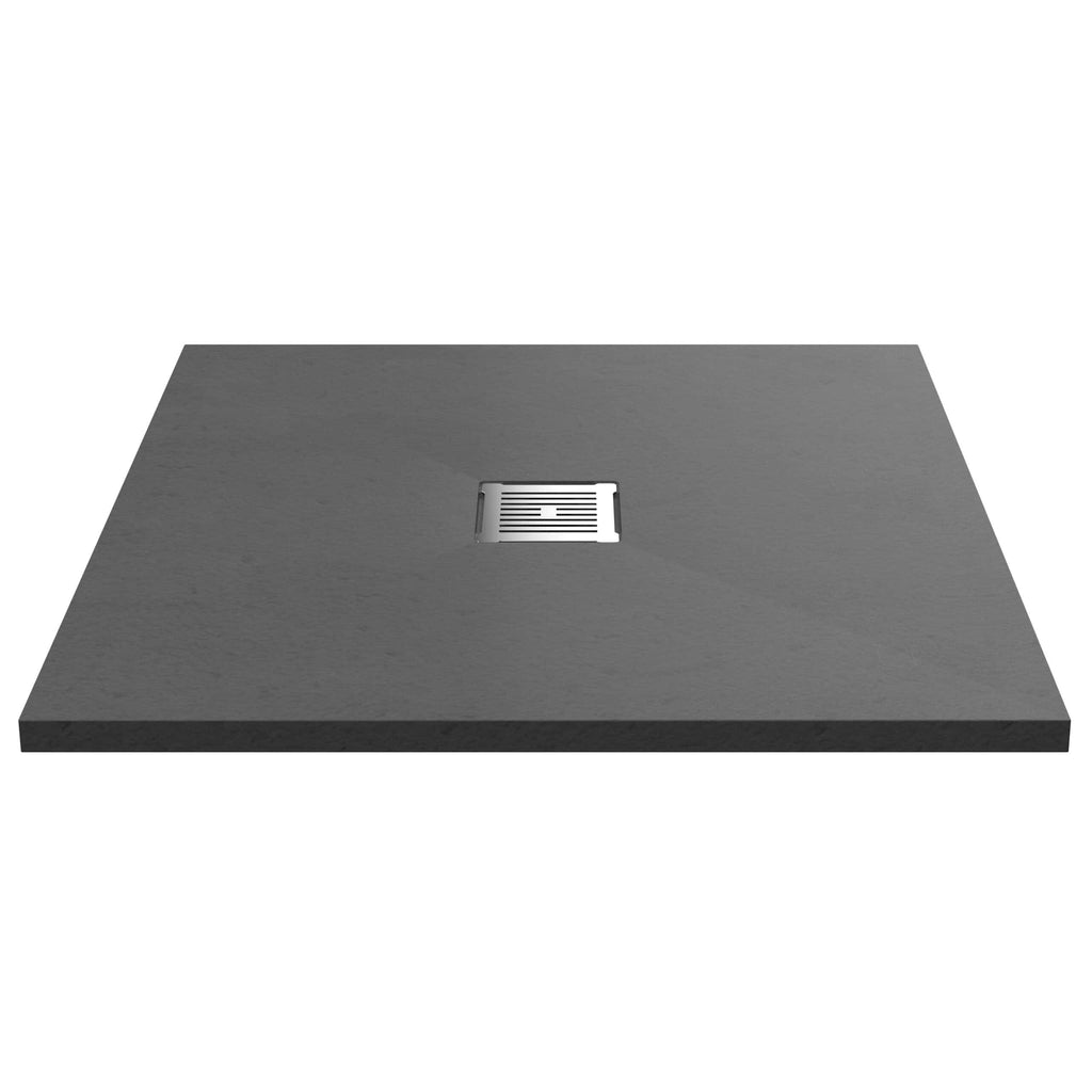 Smooth grey shower tray with stainless steel drain, modern bathroom essentials for stylish showering experiences.