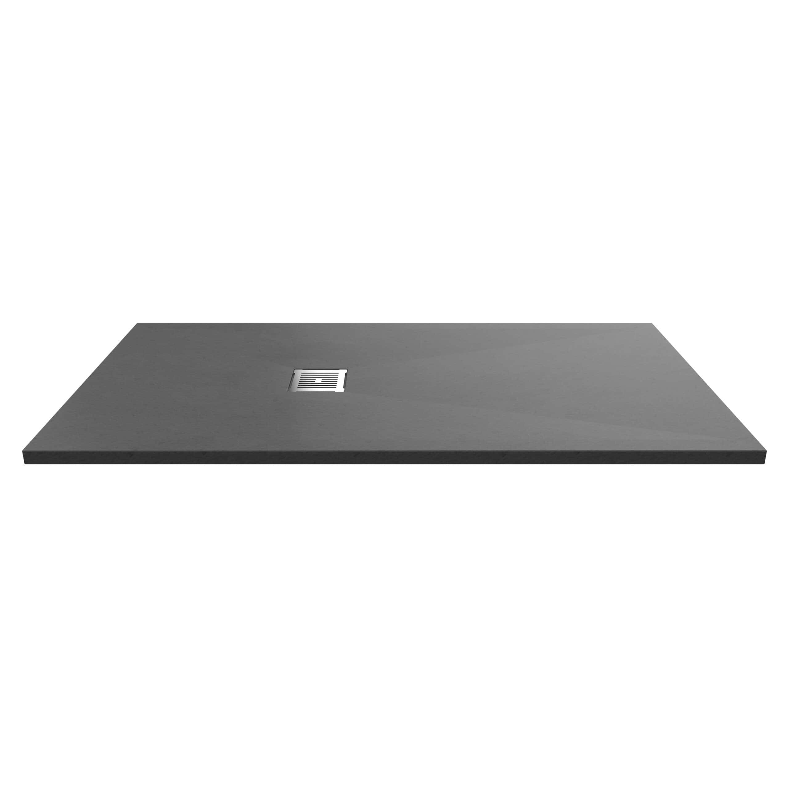 Slimline black shower tray with central drain, modern waterproof bathroom flooring, ideal for contemporary showers and wet rooms. Durable and easy to maintain, perfect for stylish bathroom renovations.