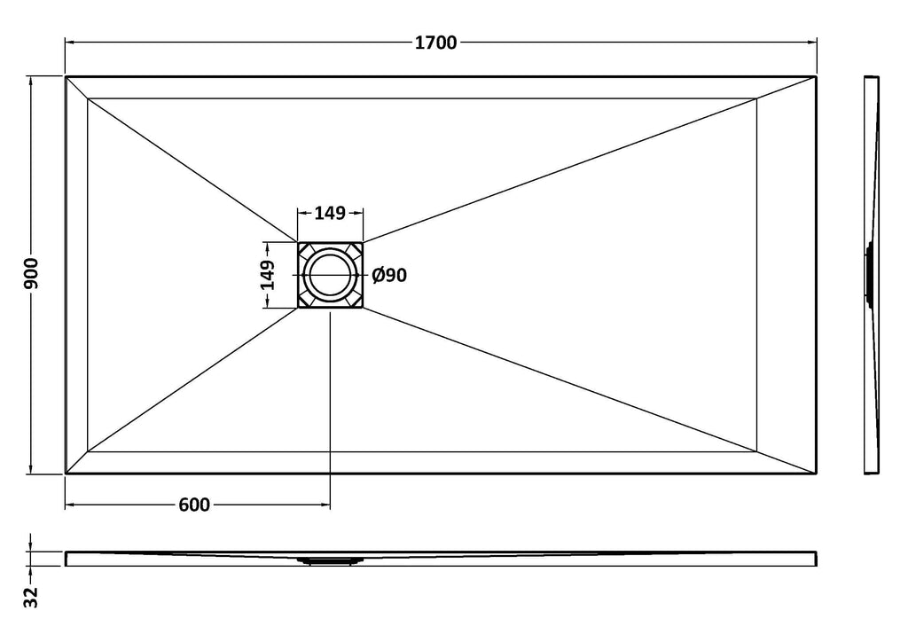 Sleek rectangular bathroom shower tray with detailed technical dimensions, perfect for modern bathroom renovations and waterproofing solutions. Ideal for customised shower enclosures.