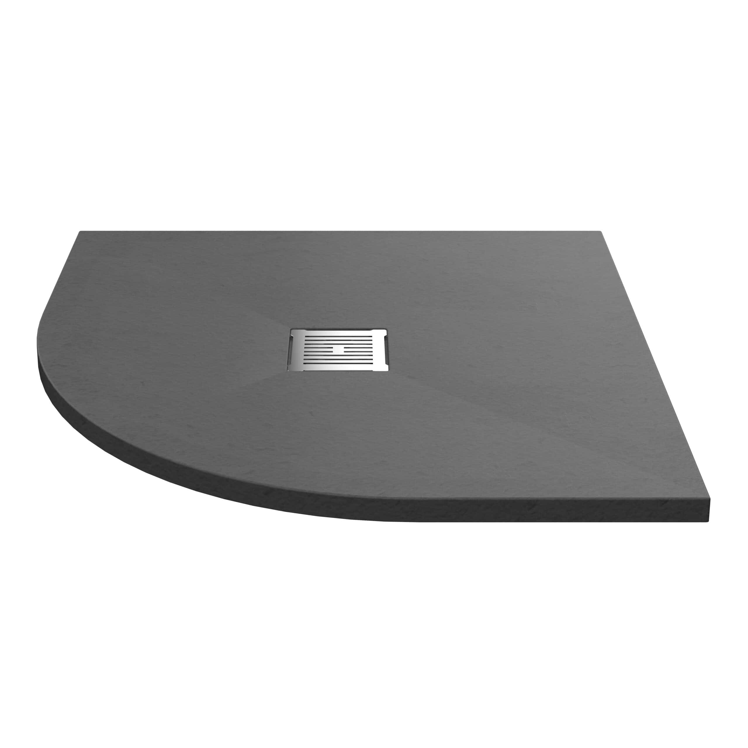 Black shower base with integrated chrome drain cover for modern bathroom drainage solutions.