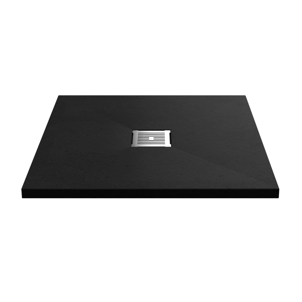 Black shower tray with central drain, modern and durable bathroom flooring solution, ideal for contemporary bathroom remodels.