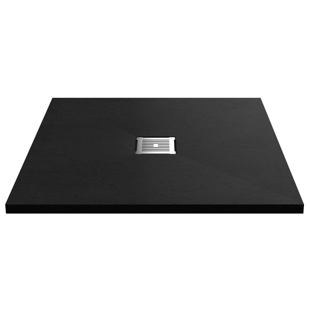 Sleek black bathroom shower tray with stainless steel drain cover, modern design, durable material, perfect for contemporary bathrooms.