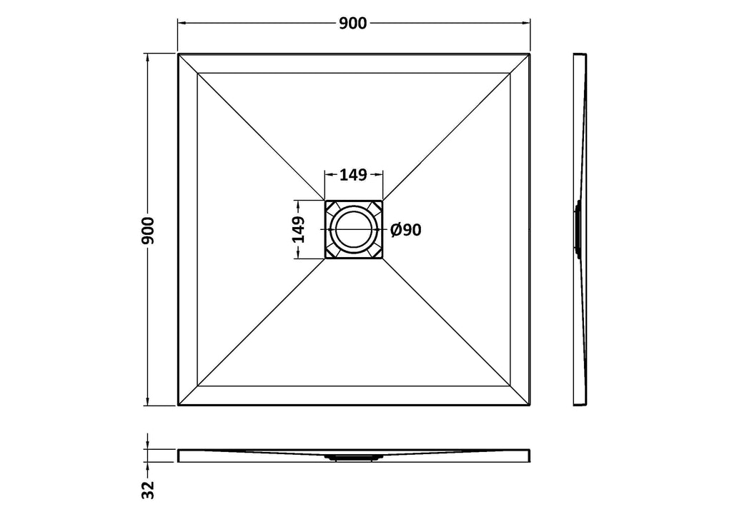 High-quality shower tray with dimensions 900x900mm, made for modern bathroom designs, featuring a central waste outlet, durable material, easy installation, and sleek, minimalist aesthetic.