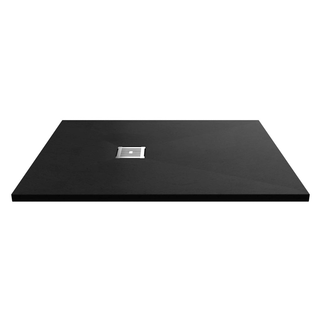 Lightweight black shower tray with stainless steel drain cover, ideal for modern bathroom designs and easy installation. Perfect for creating a sleek, stylish shower area.