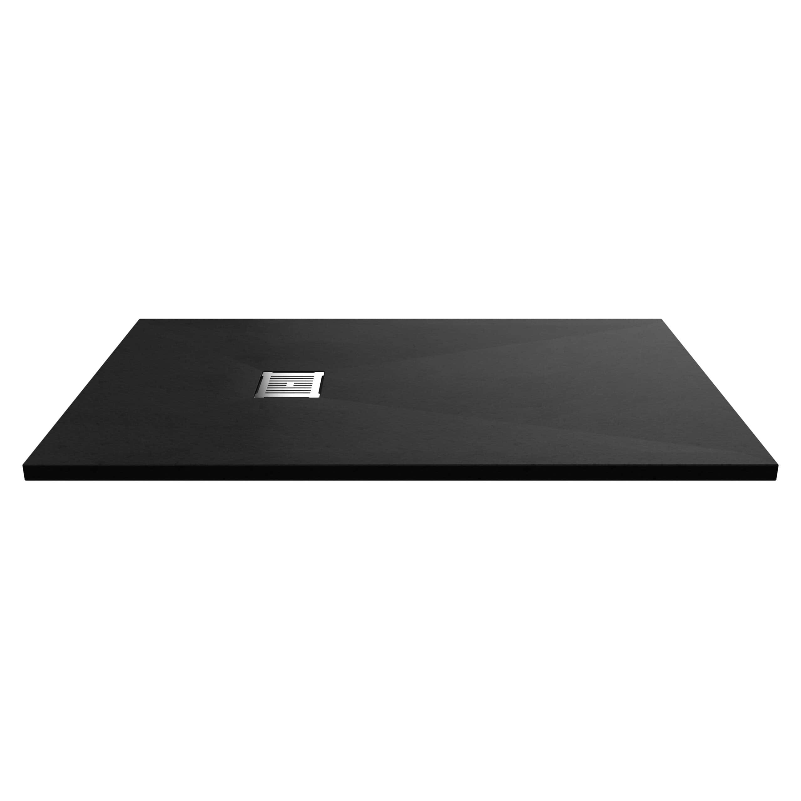 Modern black shower base with a sleek stainless steel drain cover, designed for contemporary bathrooms, offering durability and style for a luxurious shower experience.