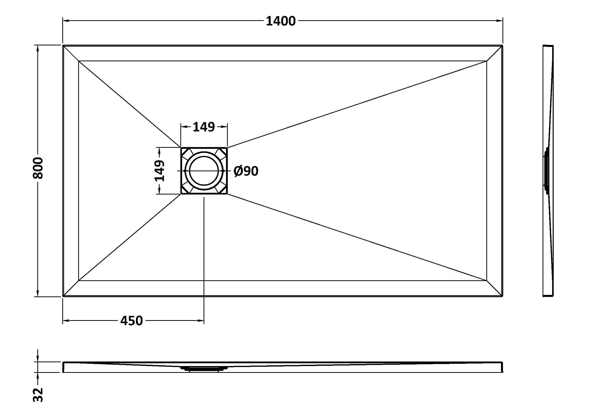 Shower tray with detailed measurements for bathroom renovation, featuring a rectangular design, 1400mm x 800mm size, and a central drain outlet for modern bathroom installations.