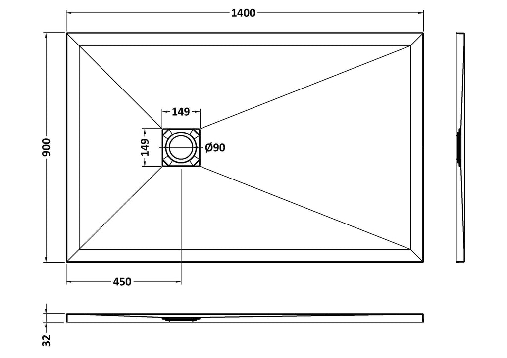 Sleek rectangular bathroom shower tray with modern design, dimensions 1400mm x 900mm, featuring a central drain for easy installation and optimal drainage.