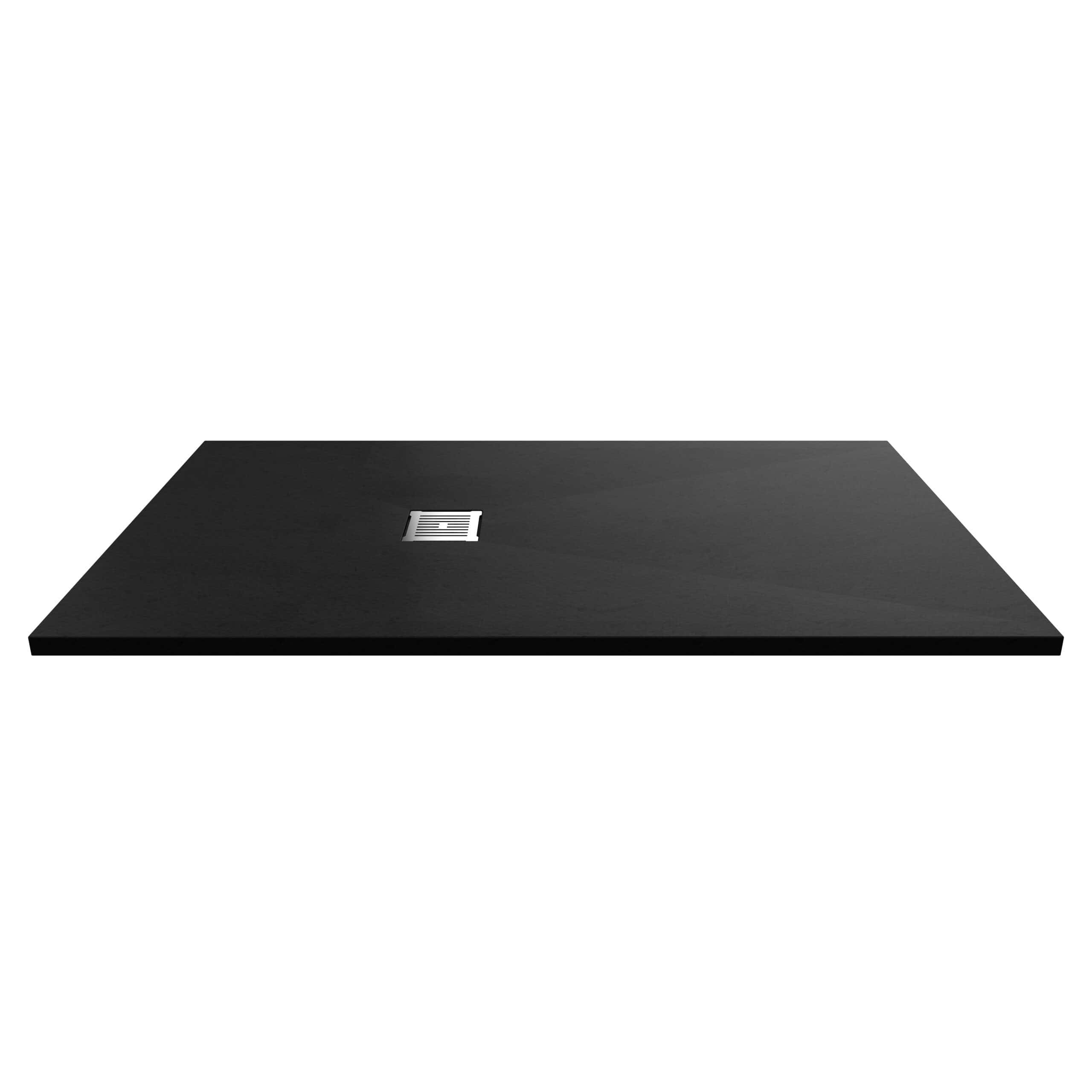 Rectangular black shower tray with a central stainless steel drain for modern bathroom installations.