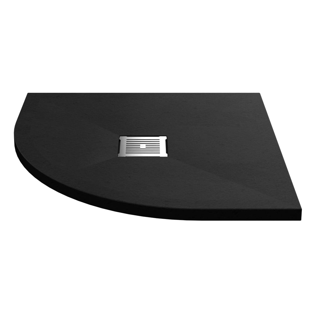 '- Sleek black shower drain cover with stainless steel grate, modern bathroom design, durable and easy to clean.