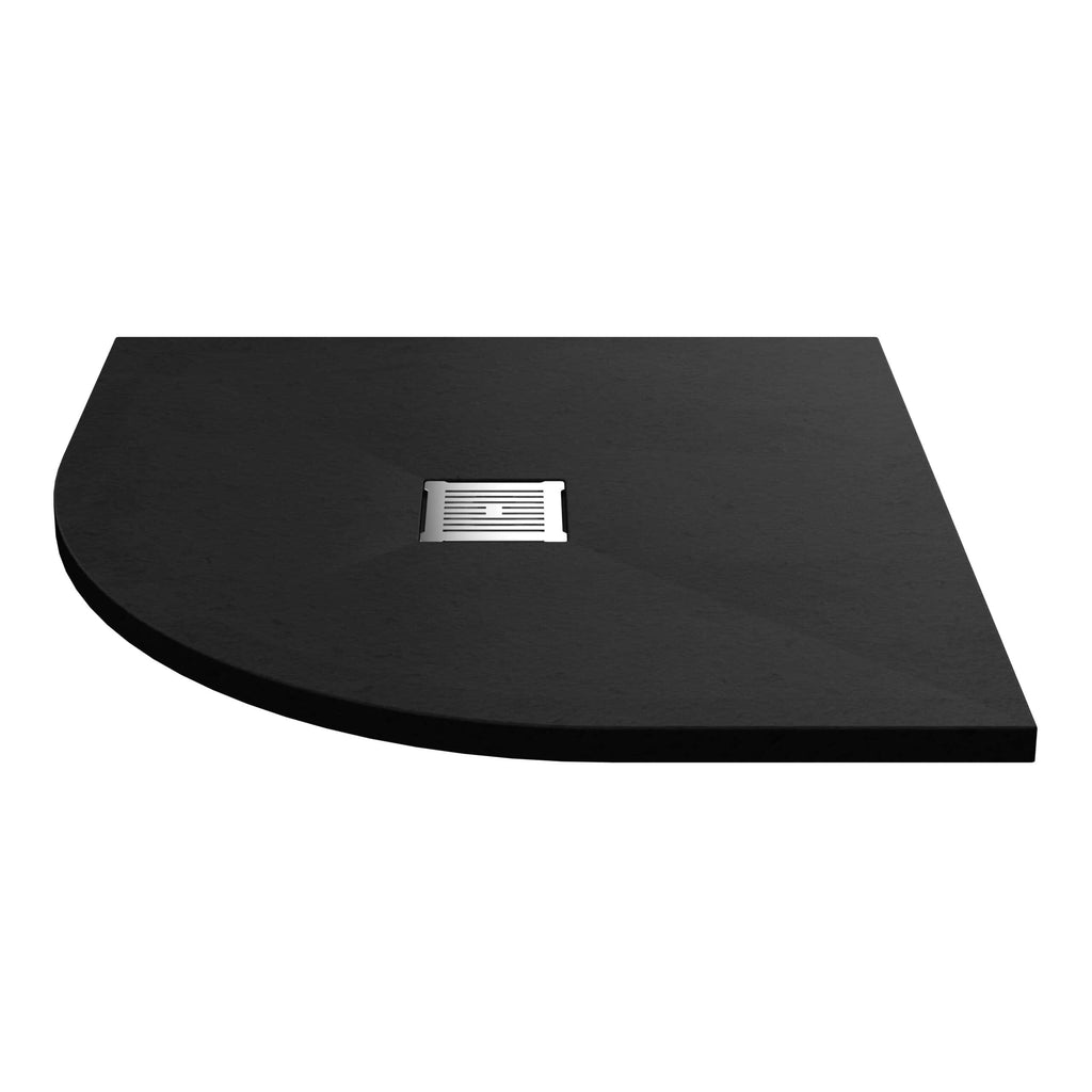 Sleek black shower tray with central stainless steel drain, modern design, water-resistant surface, perfect for contemporary bathroom installations.