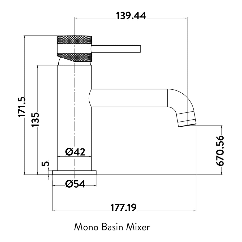 Scudo Core Mono Basin Mixer Tap - technical drawing with dimensions