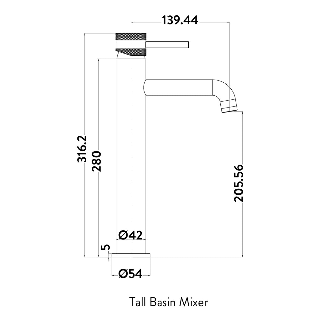 Scudo Core Tall Mono Basin Mixer Tap - technical drawing with dimensions