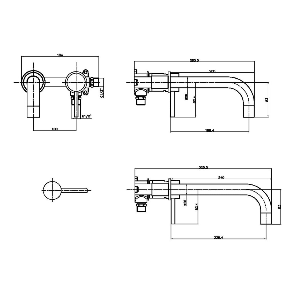 Scudo Core Wall Mounted Basin Mixer Tap - technical drawing with dimensions