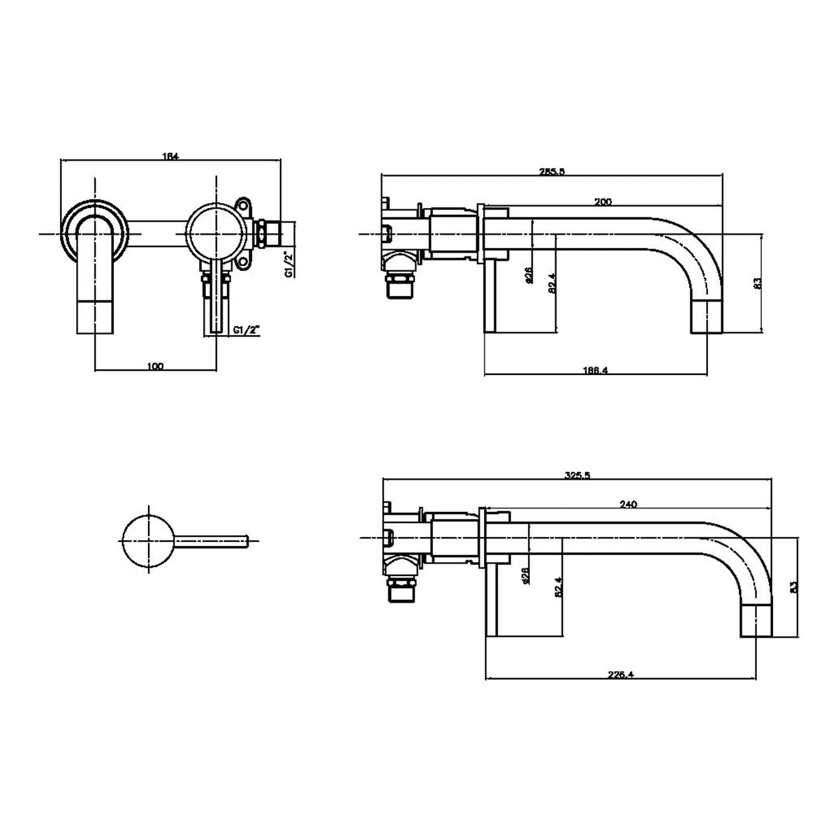 Scudo Core Wall Mounted Basin Mixer Tap - technical drawing with dimensions