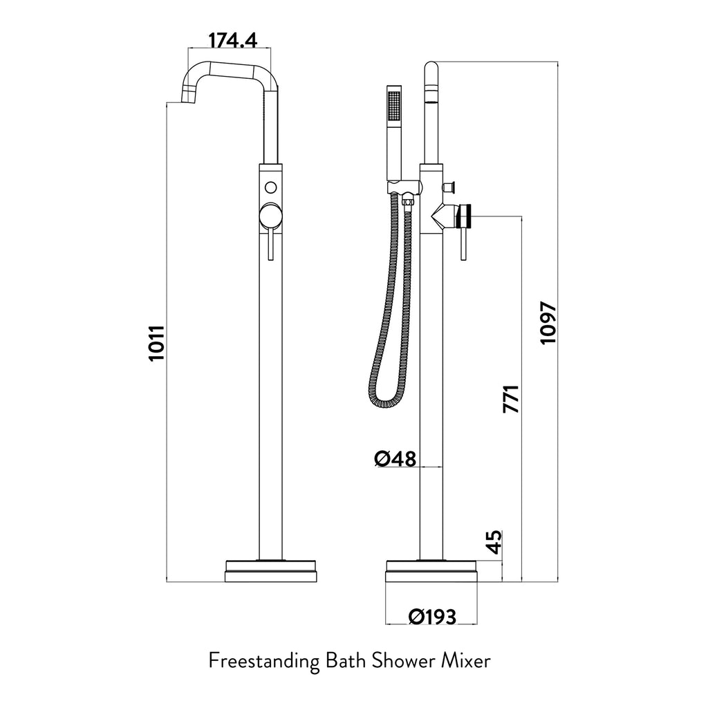 Scudo Core Freestanding Bath Shower Mixer Tap - technical drawing with dimensions