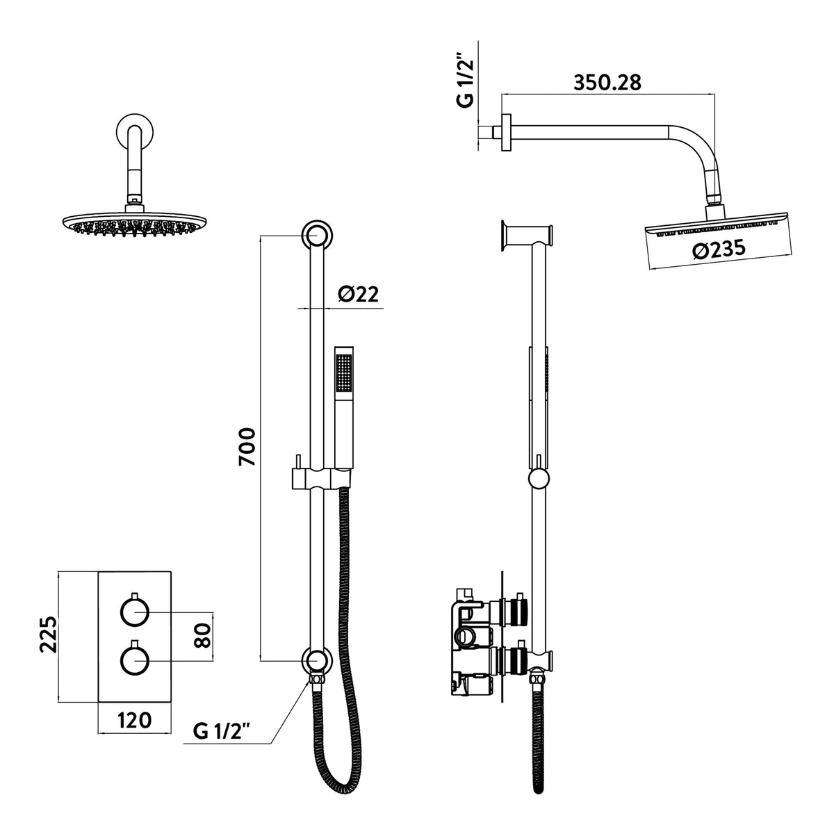 Scudo Core Round Handle With Head And Handset Riser Kit - technical drawing with dimensions