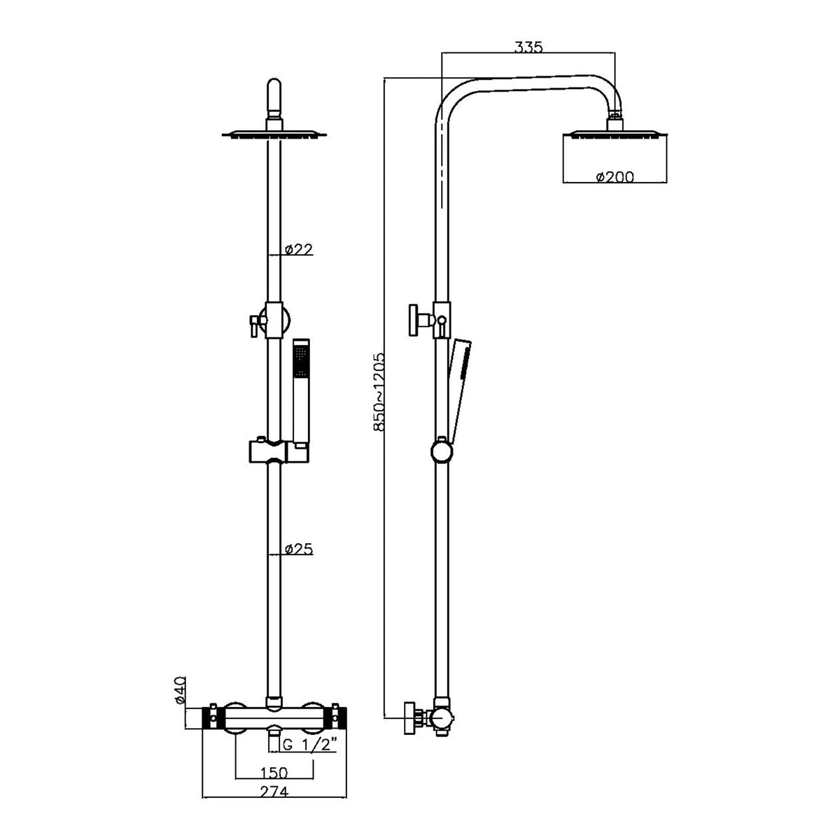 Scudo Core Round Rigid Riser Shower Kit - technical drawing with dimensions