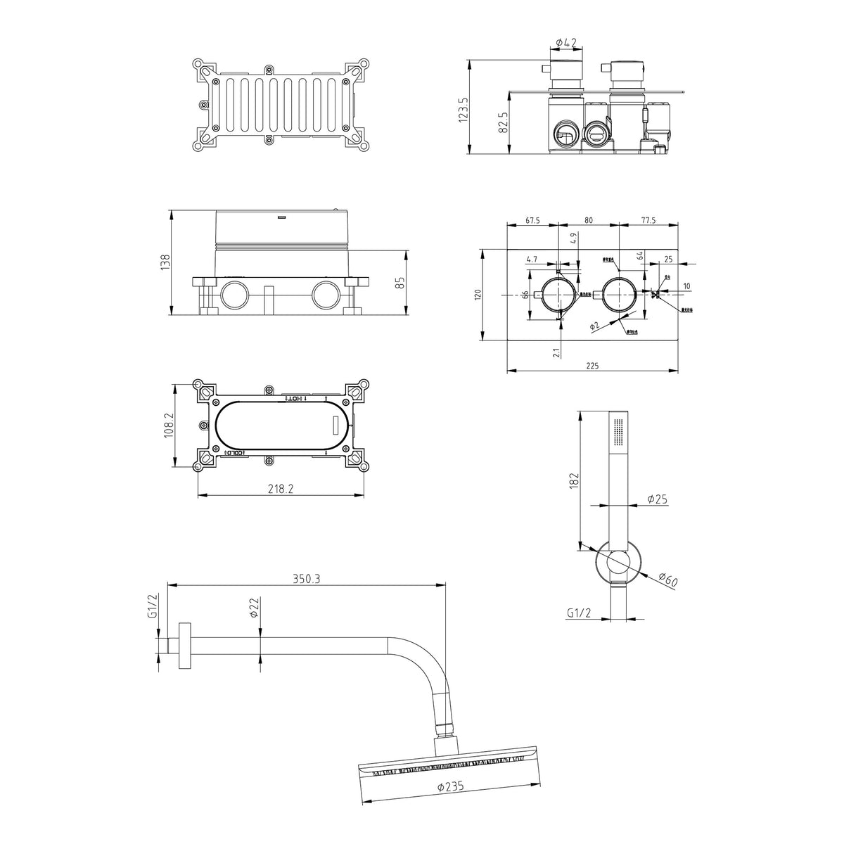 Scudo Core Round Handle With Handset And Mounting Bracket - technical drawing with dimensions