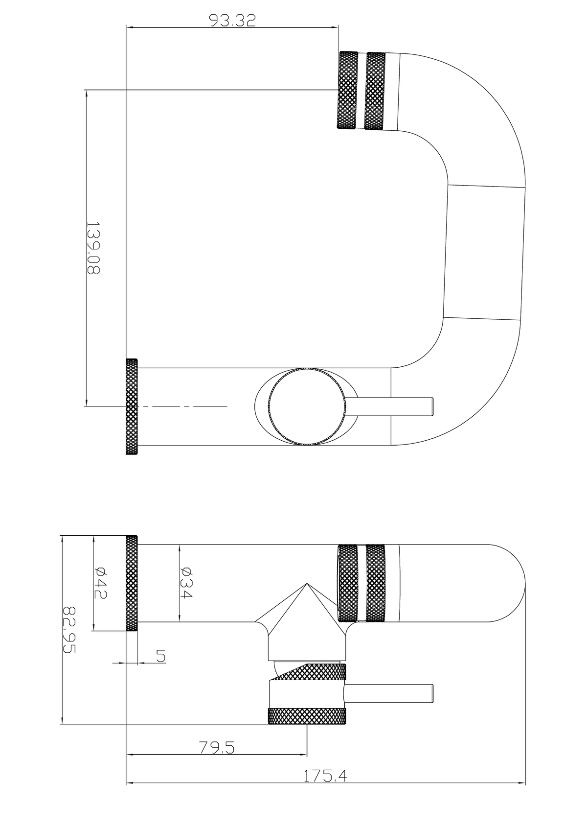Scudo Core Side Lever Mono Basin Mixer Tap - technical drawing with dimensions