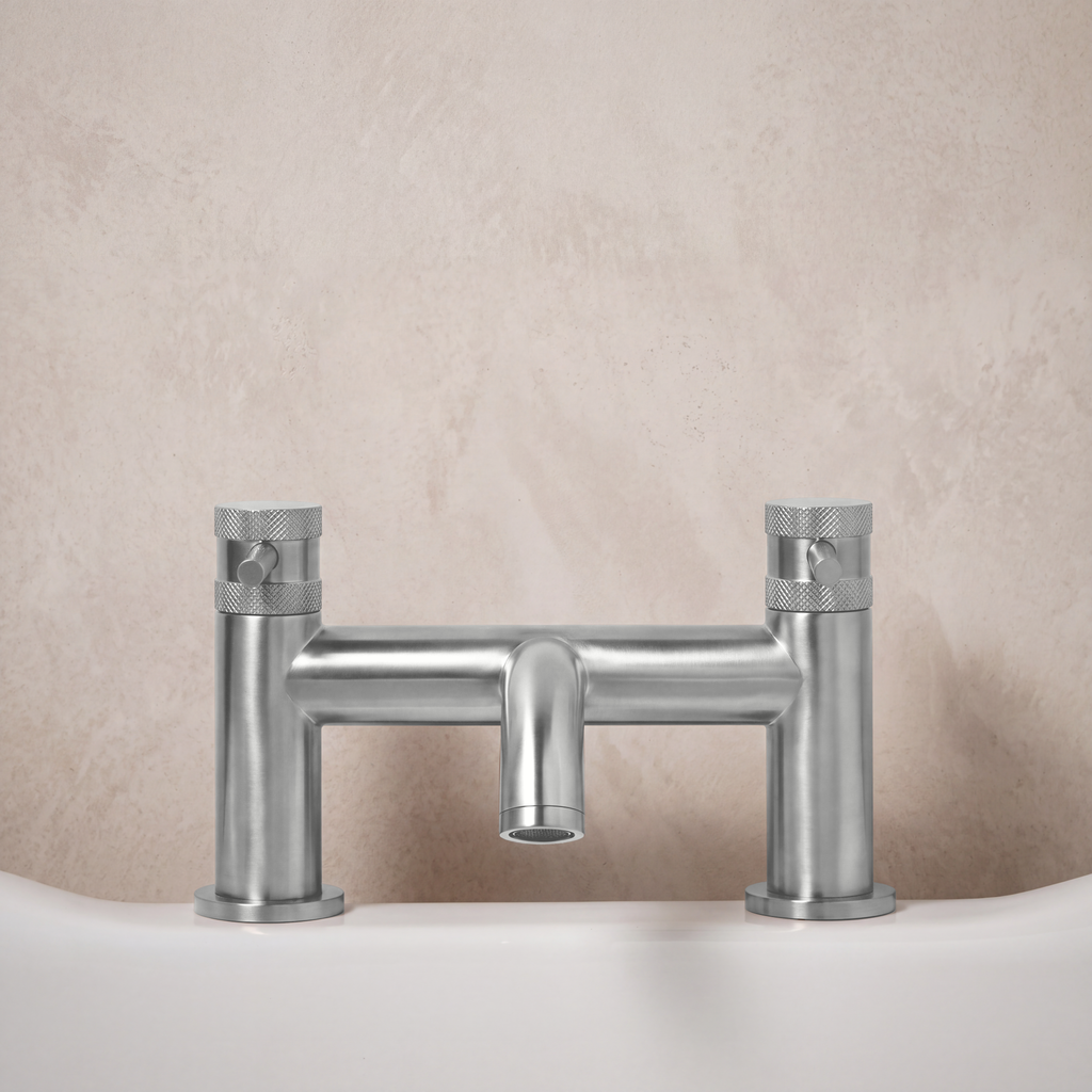Scudo Core Bath Filler, Brushed Nickel in a bathroom setting