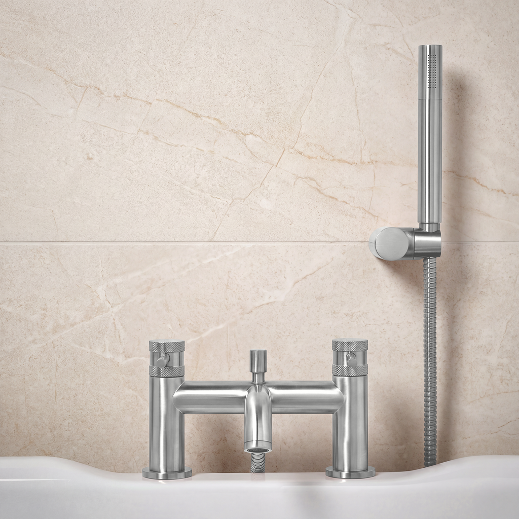 Scudo Core Bath Shower Mixer Tap, Brushed Nickel in a bathroom setting