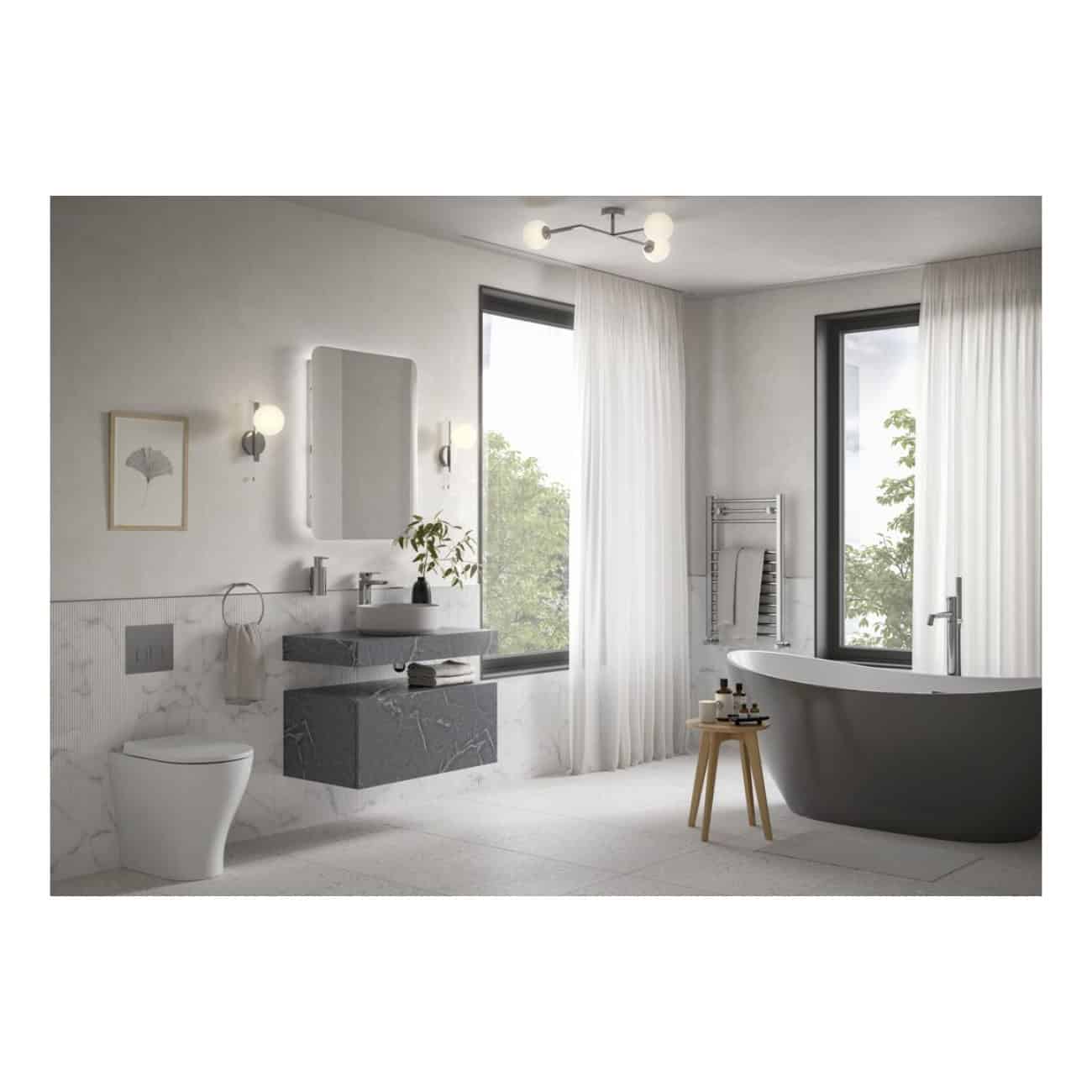 Luxurious modern bathroom featuring a sleek grey floating vanity, contemporary bathtub, minimalist decor, and large windows with flowing white curtains, perfect for upscale bathroom renovation and design.