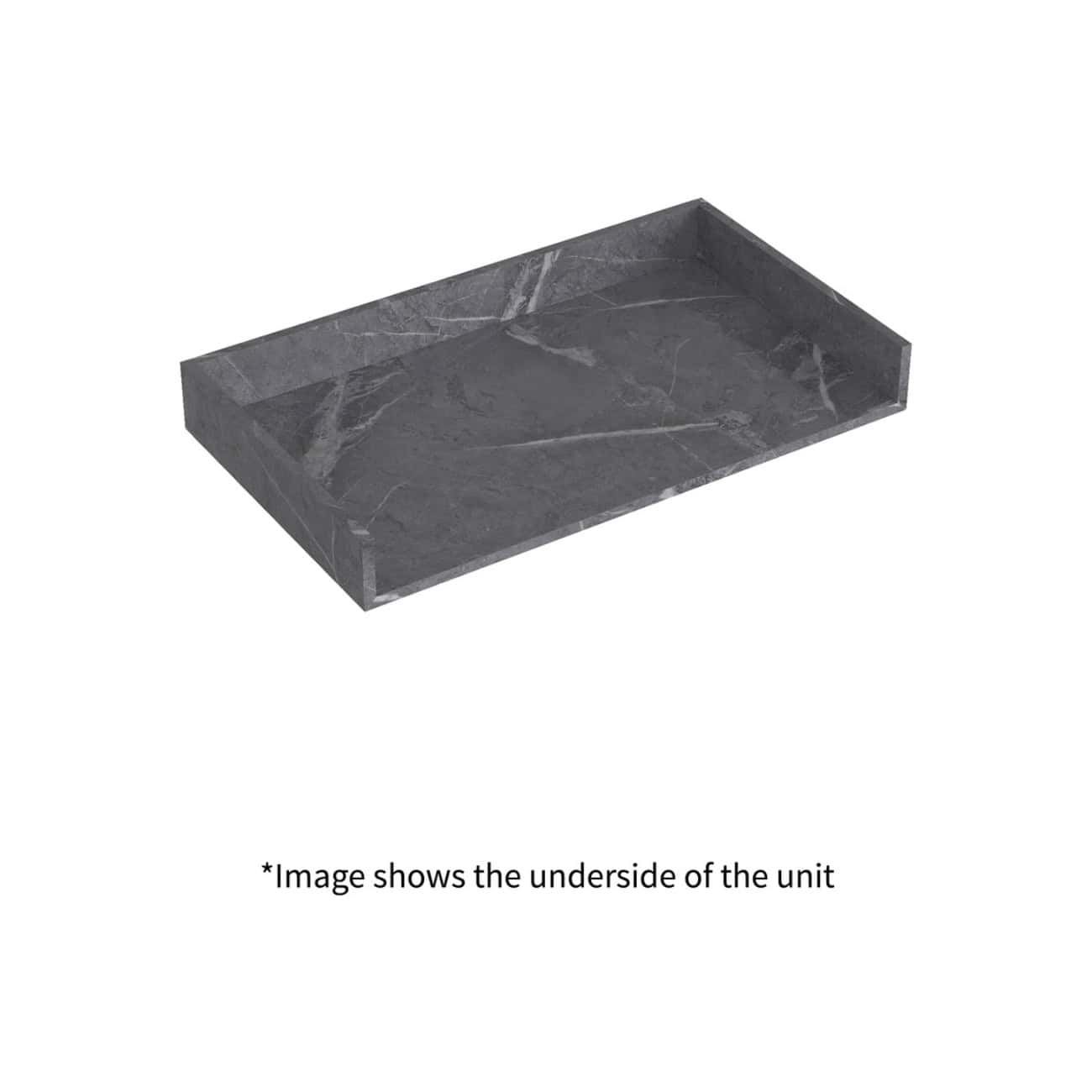 Polished dark grey marble bathroom sink vanity tray for elegant bathroom decor, featuring a rectangular shape with raised edges, durable stone construction, and a sleek modern finish.