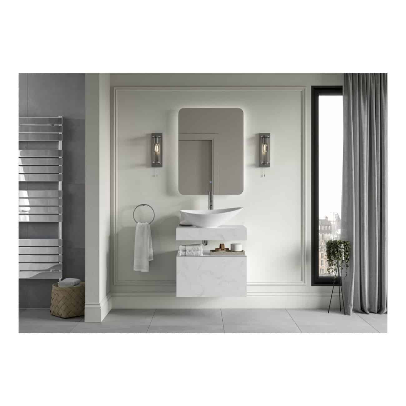 Sleek modern bathroom with a minimalist white vessel sink, large rectangular mirror with backlit LED, stylish wall sconces, and a tall window with grey curtains, creating a contemporary bathroom space.
