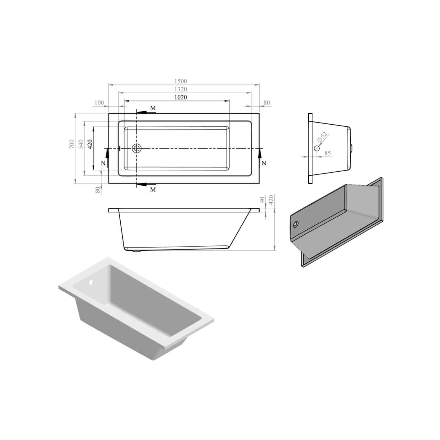 High-quality technical drawing of a modern bathroom bathtub with precise measurements, side and top views, perfect for bathroom design and renovation projects.