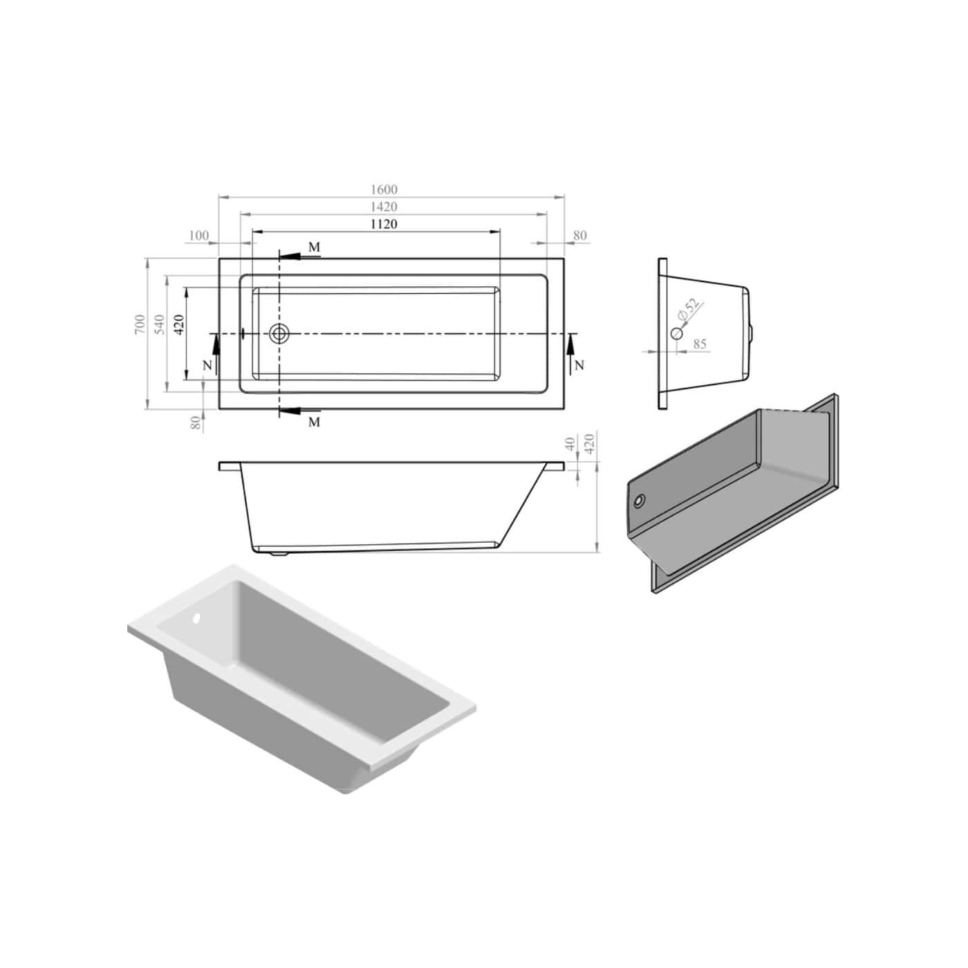 Elegant white rectangular bathtub with detailed technical drawings, measurements, and installation specifications, perfect for modern bathroom design and renovation projects.