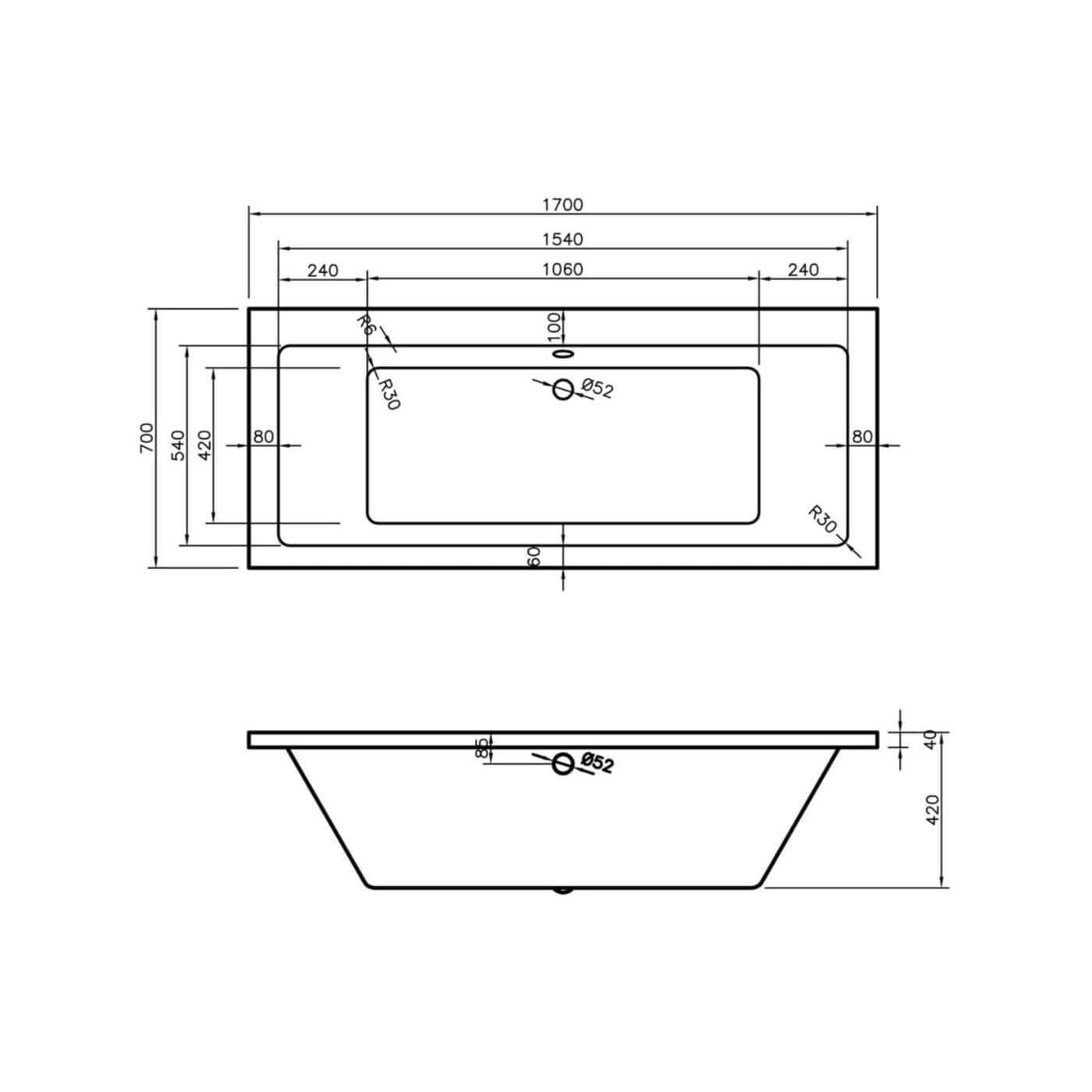 High-quality bathroom bathtub technical drawing with detailed measurements and specifications for installation and design.
