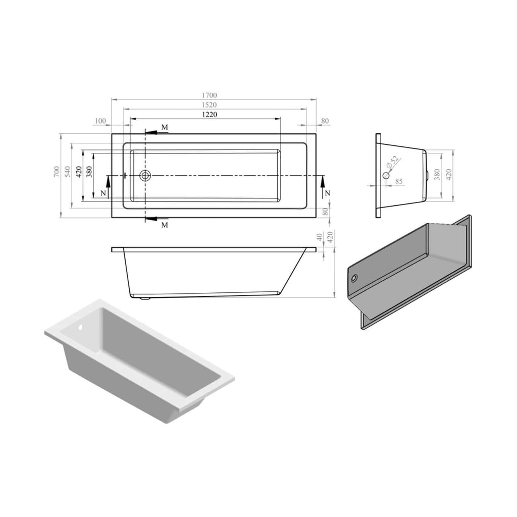 Elegant white bathtub with detailed technical specifications, including measurements for bathroom renovation projects. Designed for modern bathroom aesthetics and durable performance.