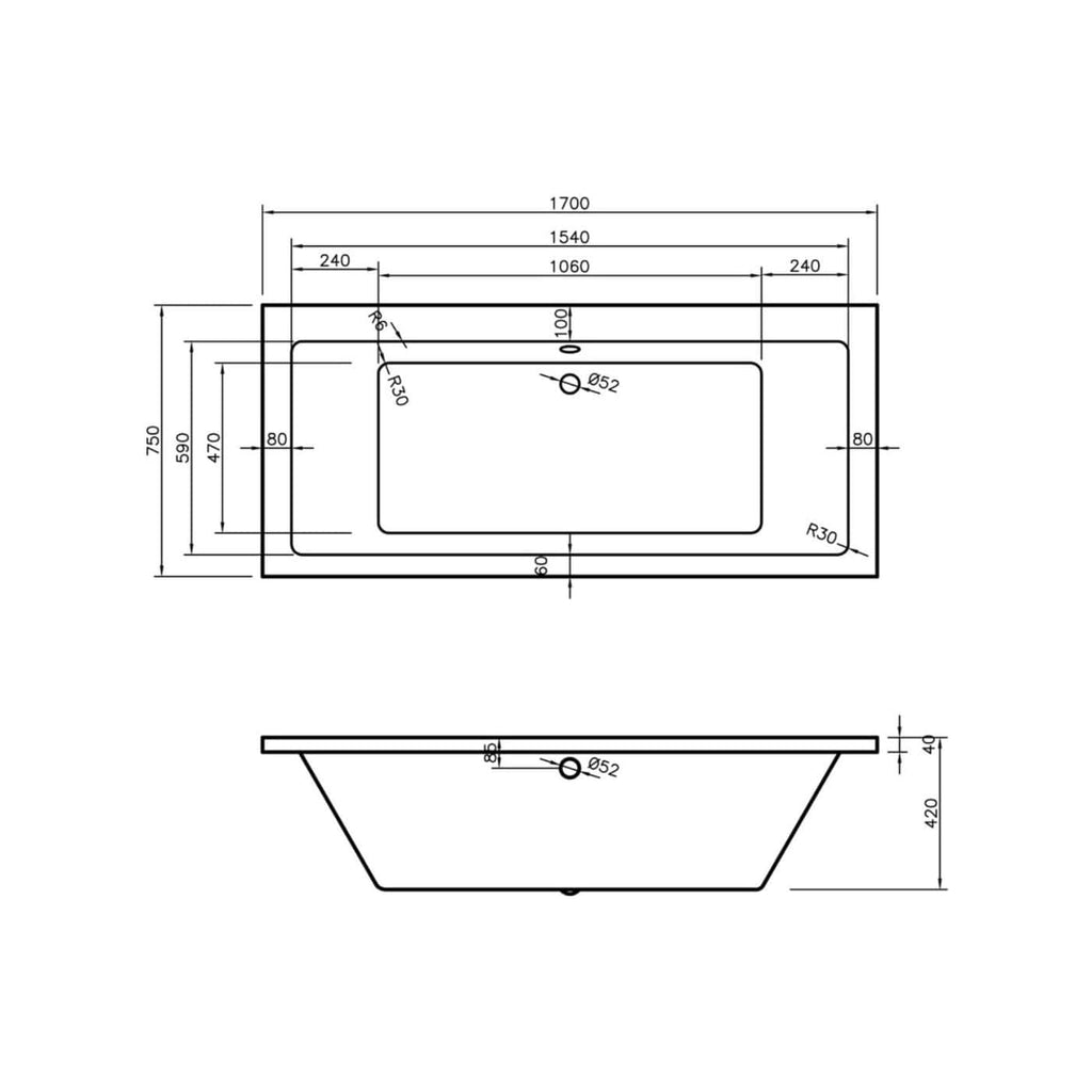 Precise technical drawing of a bathtub with detailed measurements and dimensions for bathroom renovation or plumbing installation.