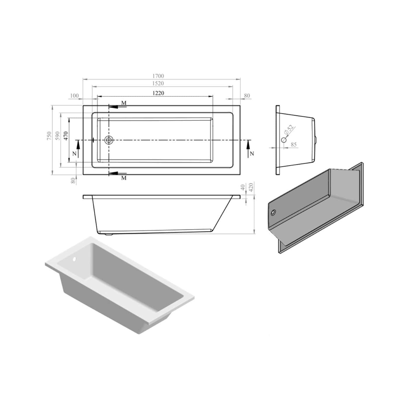 Schematic technical drawing of a modern rectangular bathtub with detailed measurements and 3D rendering, ideal for bathroom renovation projects.