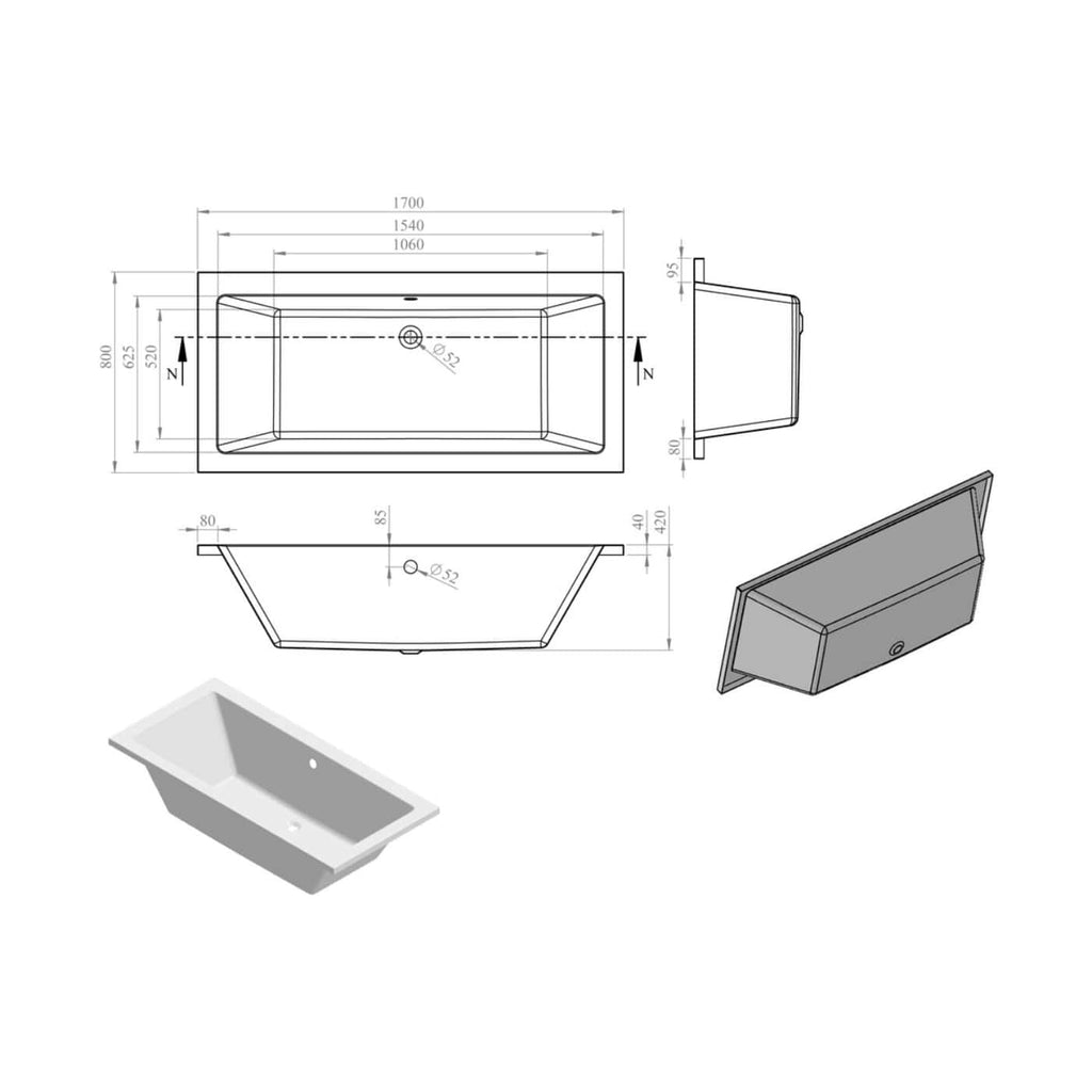 Modern bathtub installation technical drawing with detailed measurements and 3D view, ideal for bathroom renovation projects.
