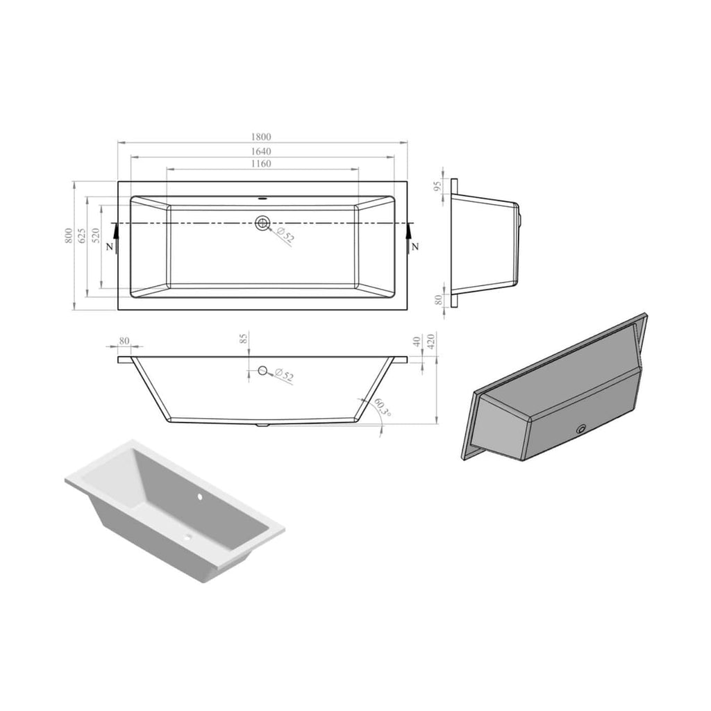 Sleek modern bathtub with detailed technical drawings showing dimensions and installation depth, ideal for contemporary bathroom designs. Perfect for homeowners seeking stylish bathing solutions.