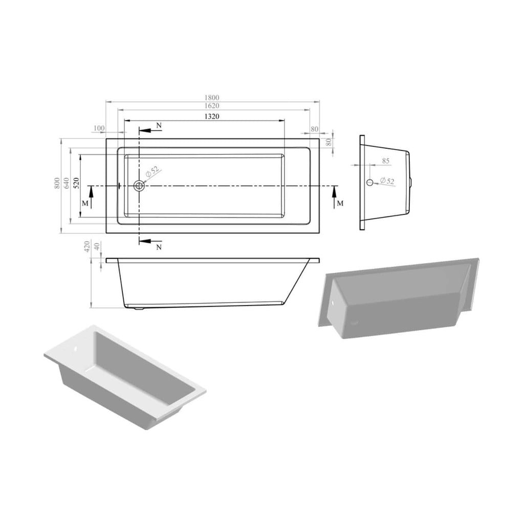 High-quality technical drawing and CAD blueprint of a modern bathtub with detailed measurements, side and top views, showcasing sleek bathroom fixtures from Bubly Bathrooms.