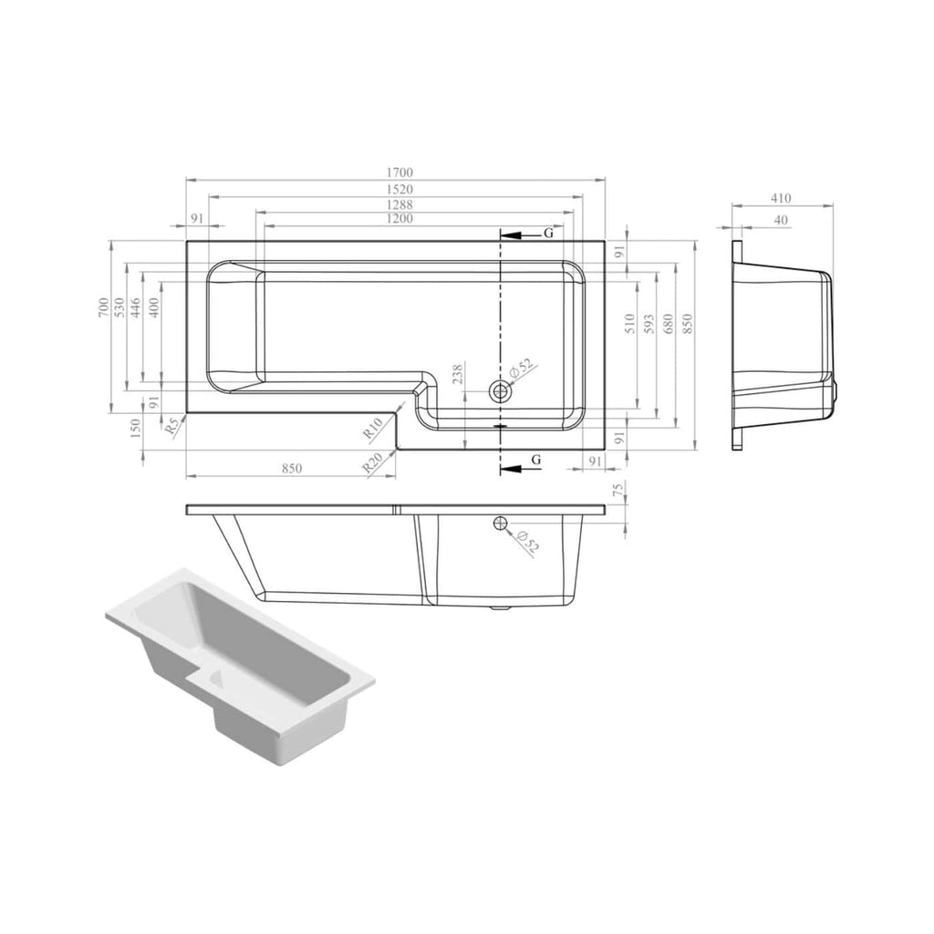 Elegant white bathtub with technical dimensions and detailed blueprint for custom bathroom installation, suitable for modern bathroom refurbishments.