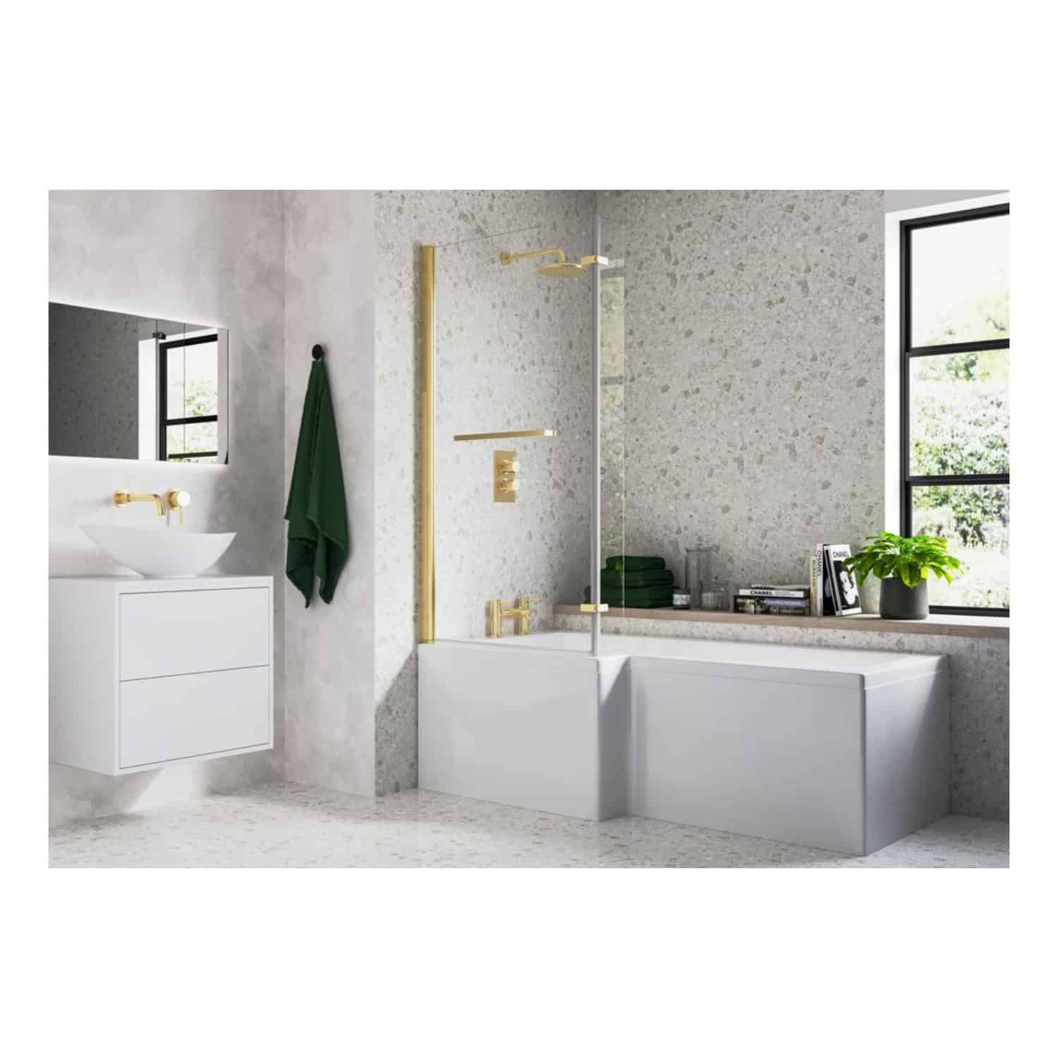 Minimalist modern white bathroom with gold fixtures, large shower cabinet, and black-framed window featuring indoor plants and contemporary accessories.