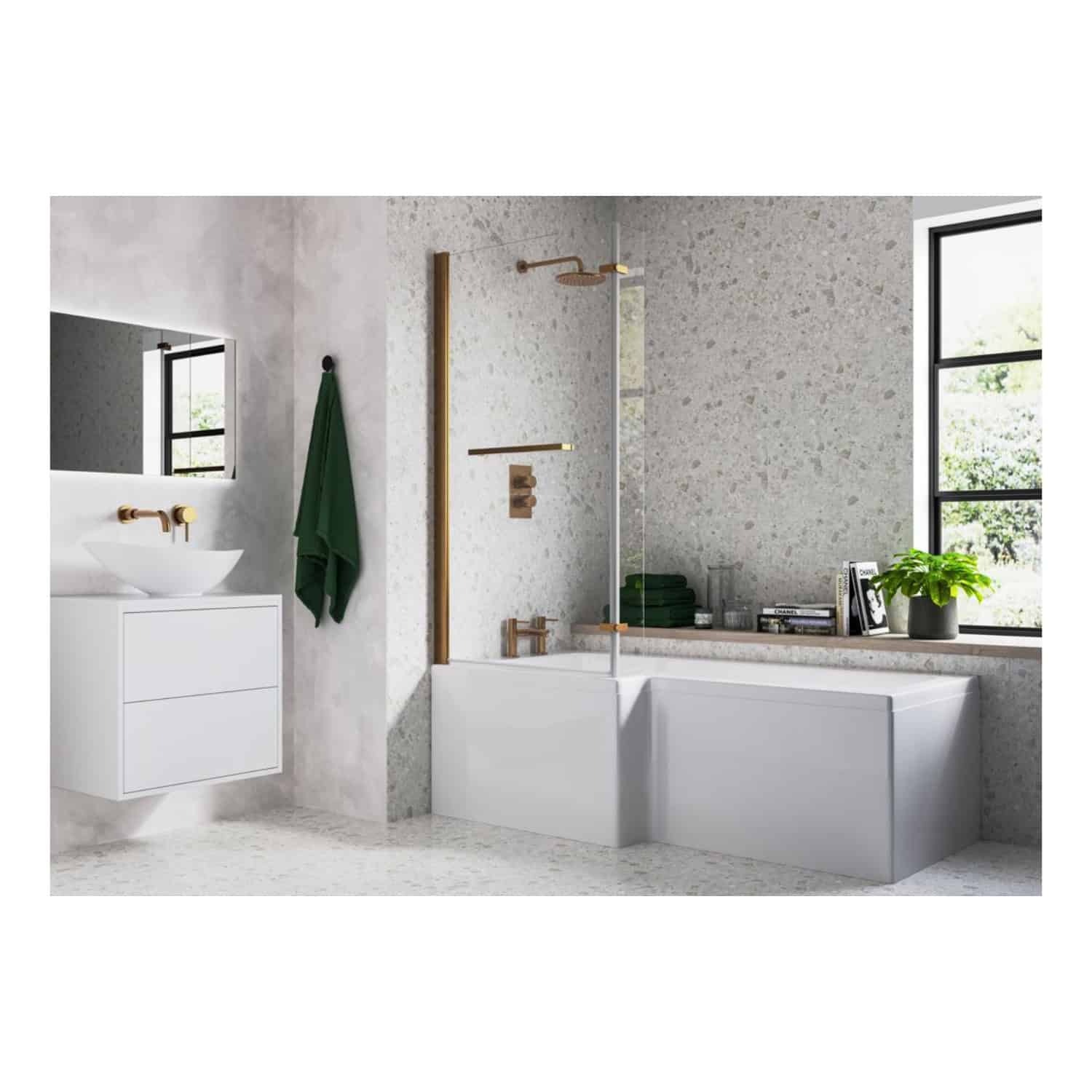 Modern minimalist bathroom with white bathtub, black-framed window, and natural stone walls, featuring sleek fixtures, a green towel, and stylish decor for a contemporary bathroom design.
