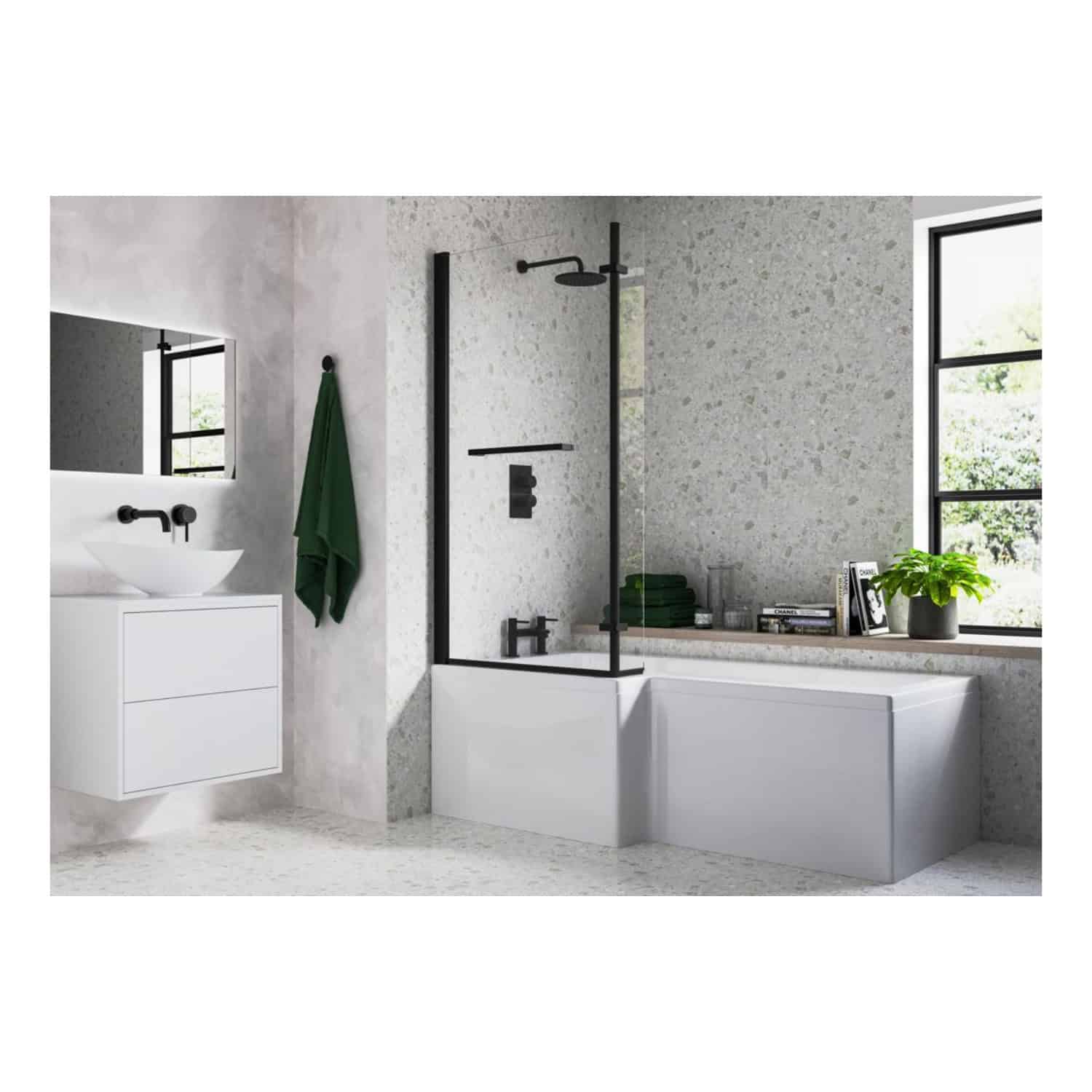 Modern minimalist bathroom design with a walk-in shower, freestanding bathtub, sleek vanity unit, black fixtures, and large windows bringing natural light; stylish and functional wet room setup.