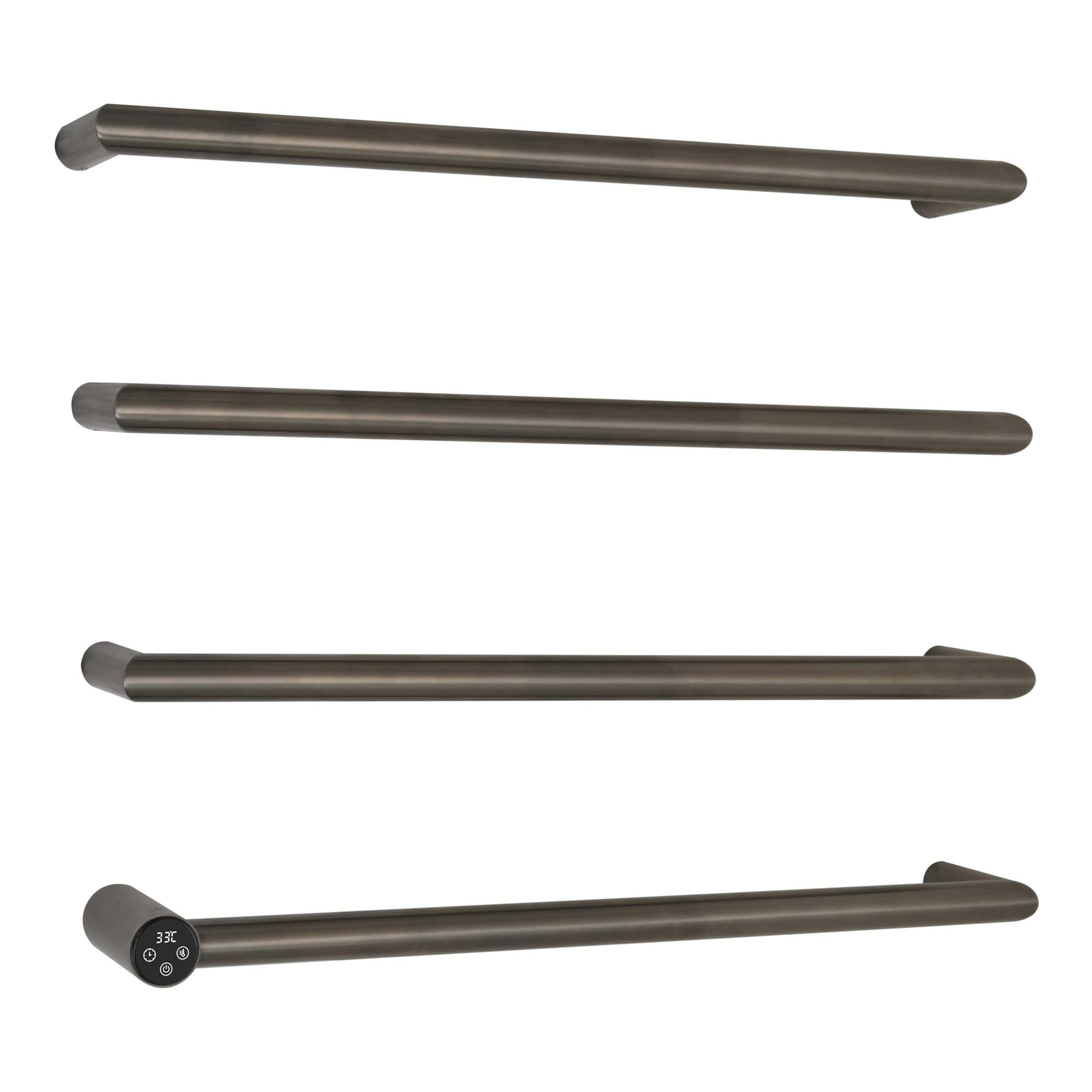 Sleek brushed stainless steel towel rails with integrated digital thermostat, perfect for modern bathrooms, offering style, warmth, and precise temperature control.