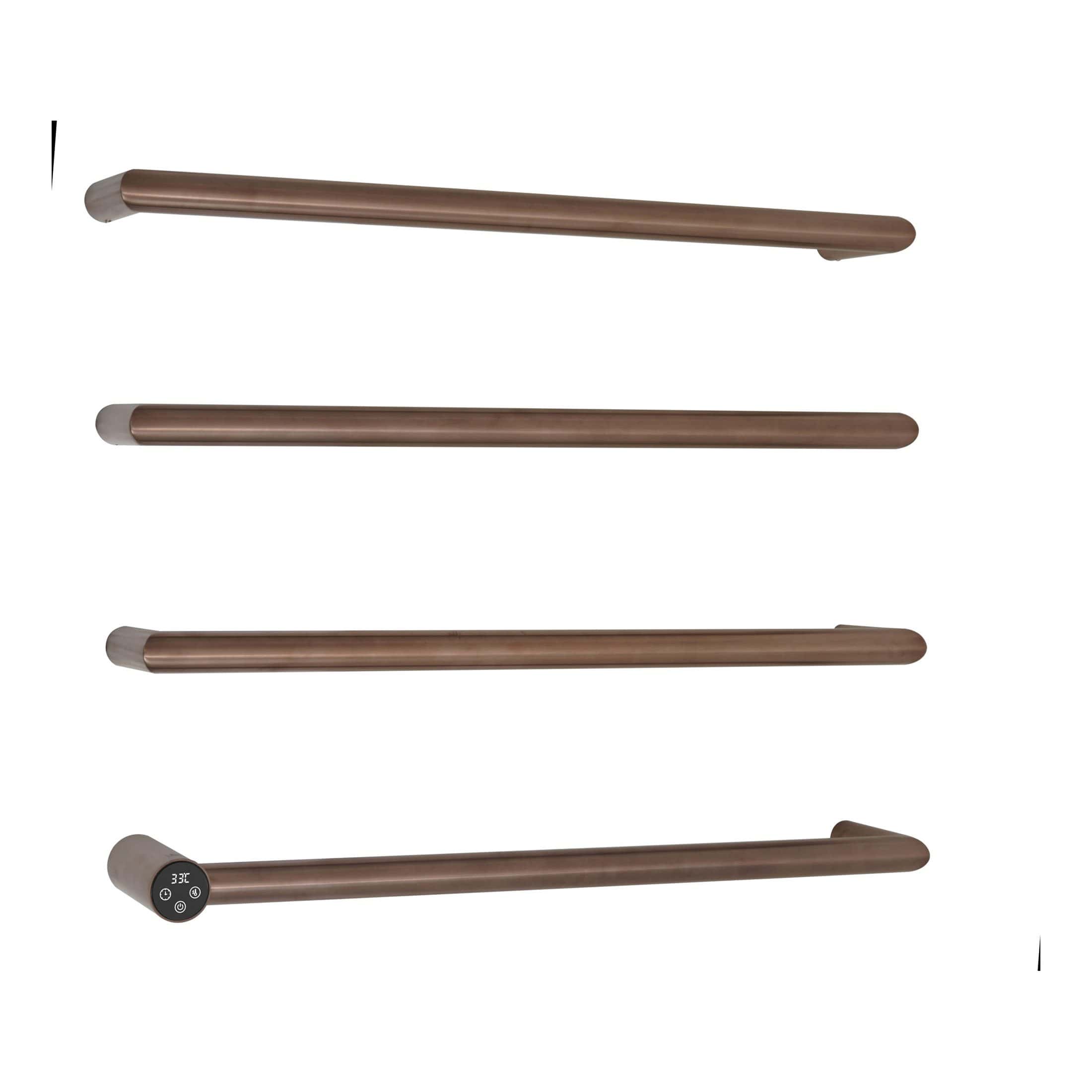 Sleek bronze heated towel rail with digital thermostat control for modern bathrooms. Perfect for adding warmth and style to your bathroom space. Easy to install and energy-efficient.